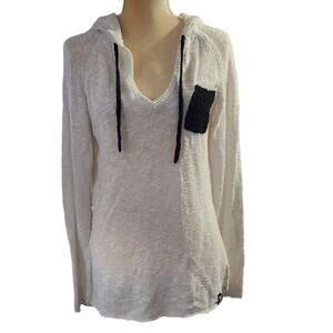 Roxy Women's White Blue Pocket Hooded Semi Sheer Knit Relaxed Beach Sweater XL